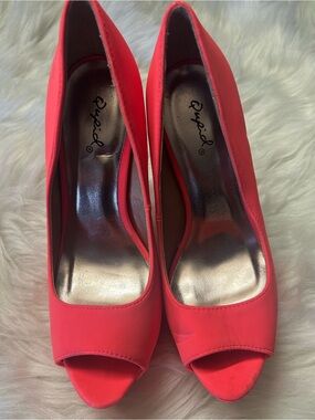 Qupid Bright Coral Peep-Toe Heels